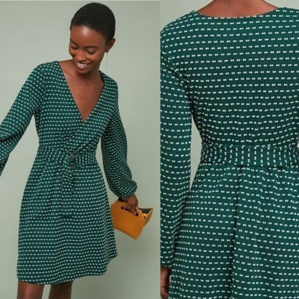 Maeve Anthropologie Malta Green Knit Belted Long Sleeve V Neck Dress Size Small